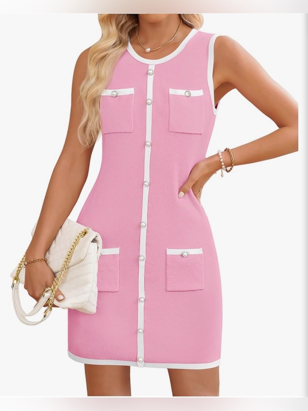 Sleeveless “Palm Beach Pink” Contrast-Trim Shift Dress - Picture 2 of 7